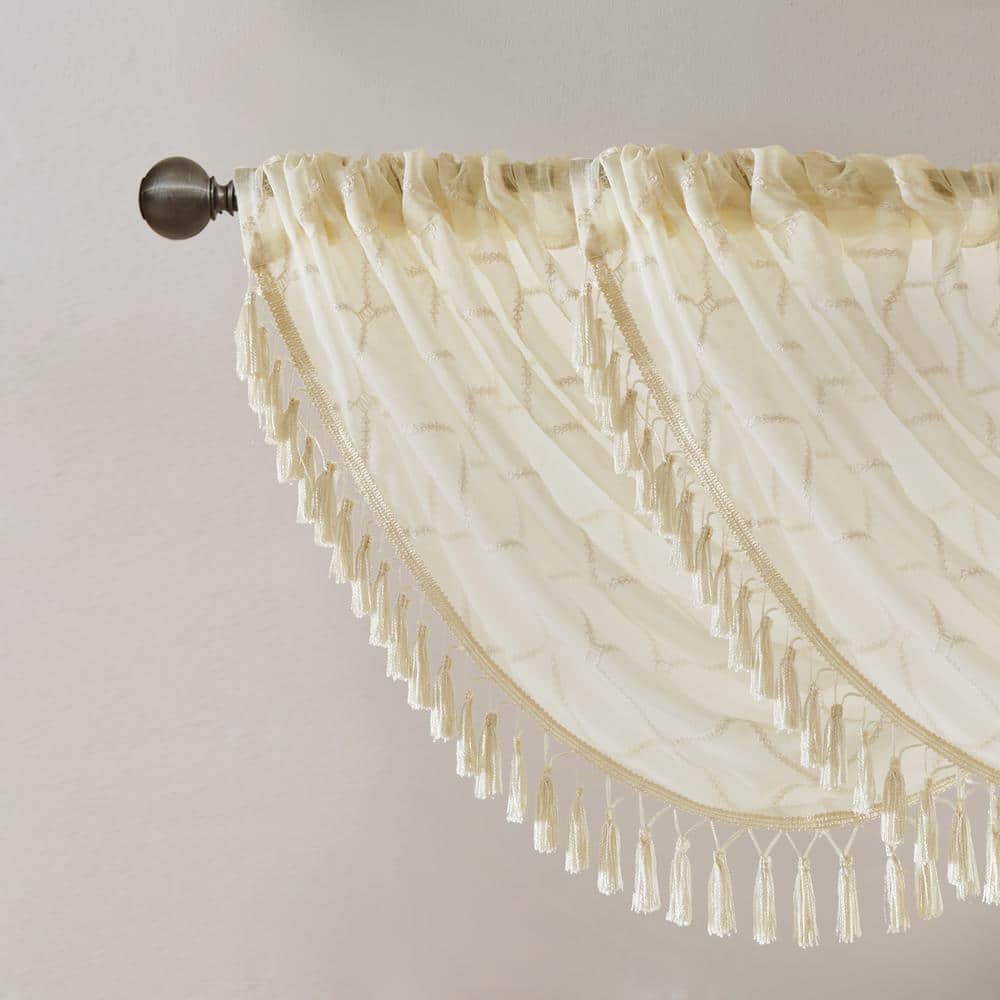 Ivory Sheer Embroidered Waterfall Valance with Tassels