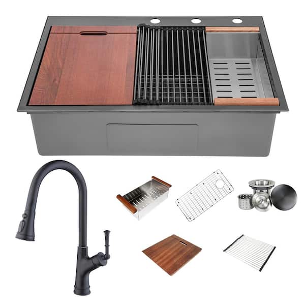 eModernDecor Matte Black 16-Gauge Stainless Steel 33 in. Single Bowl Drop-In Workstation Kitchen Sink Combo with Faucet