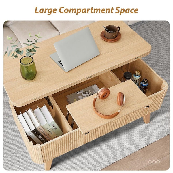 ATHMILE 42. 91in. L Natural Oval MDF Coffee Table With Built-in