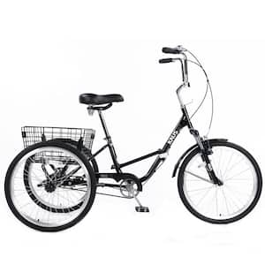 24 in. Black Steel Folding Tricycles with Shopping Basket and Low Step-Through