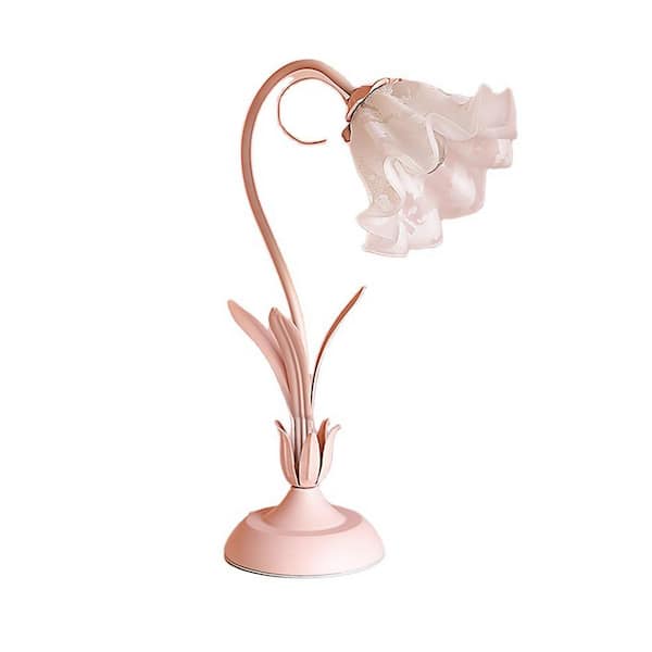 OUKANING 19.6 in. Pink Flower Shaped Task and Reading Desk Lamp with Glass Lampshade
