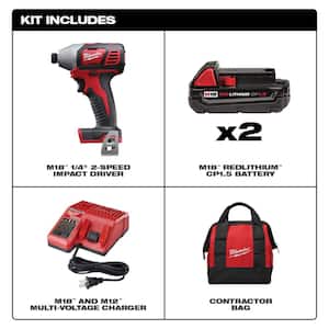 M18 18V Lithium-Ion Cordless 1/4 in. Impact Driver Kit with(2) 1.5Ah Batteries, Charger, Bag