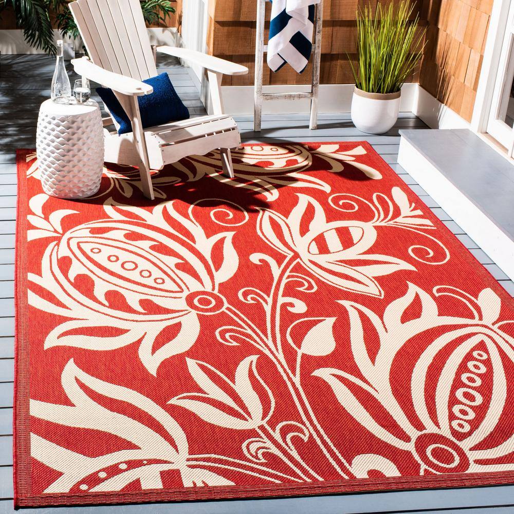 Red and Natural Floral Rectangular Synthetic Area Rug