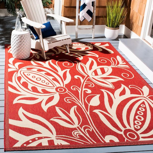 Courtyard Red/Natural 5 ft. x 8 ft. Border Indoor/Outdoor Patio  Area Rug