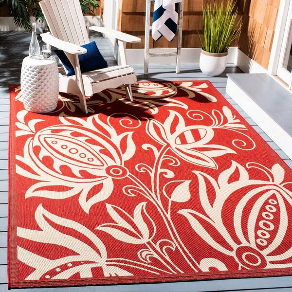 Area Rug Square Red/Natural 8 ft. x 8 ft. Floral Indoor Outdoor