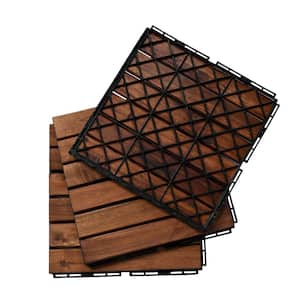 10 PCS Interlocking Deck Tiles Striped Pattern, 12" x 12" Square Acacia Hardwood Outdoor Flooring for Patio, Bancony