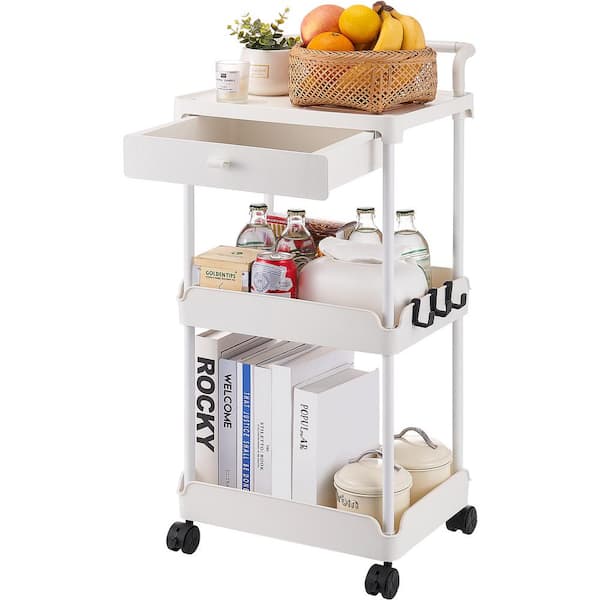 VEVOR 3-Tier Rolling Utility Cart with Drawer Multi-function Storage Trolley Kitchen Cart w/Handle and Lockable Wheels, White
