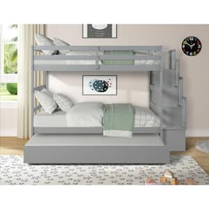 Gray Twin Over Twin Bunk Bed with Twin Size Trundle, Staircase and Guardrails, Can be Divided into 3 Individual Beds