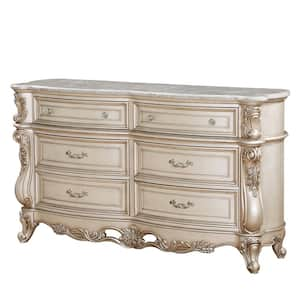 Gorsedd 6-Drawers Marble and Antique White Dresser