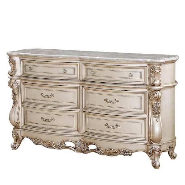 Acme Furniture Gorsedd 6-Drawers Marble and Antique White Dresser