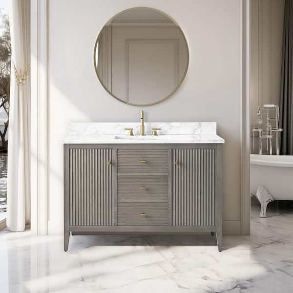 48 in. W x 22 in D x 38 in. H Single Sink Bath Vanity Cabinet in Linear Driftwood Gray with White Engineered Marble Top