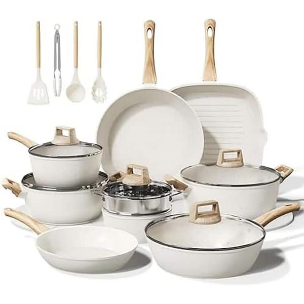 6.8 qt Ceramic Cookware Set Non Stick Stock Pot with 24 Pieces Cookware, Induction Compatible, Cream White