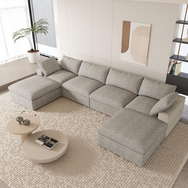 J&E Home 160.6 in. W Square Arm Linen U-Shaped 6-Pieces Modular Free Combination Sofa with Storage Ottoman in Gray
