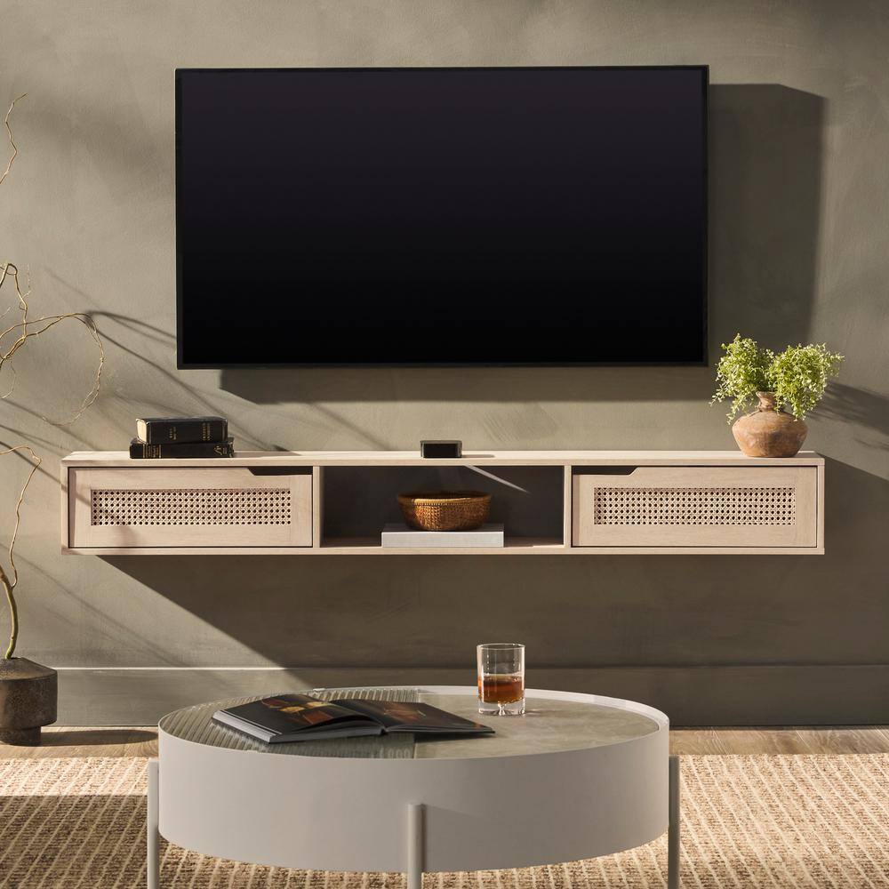 58 in. W x 9 in. D Brown MDF Decorative Wall Shelf Rattan-Door Floating TV 