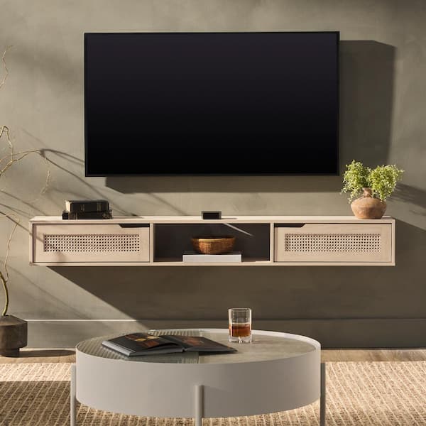 58 in. W x 9 in. D Brown MDF Decorative Wall Shelf Rattan Door Floating TV Cabinet Wall Mounted TV Stand with Storage KWP169214 The Home Depot