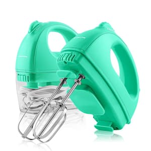 5-Speed Turquoise Portable Electric Hand Mixer with 2-Chrome Beater Attachments and Snap-on Storage Container