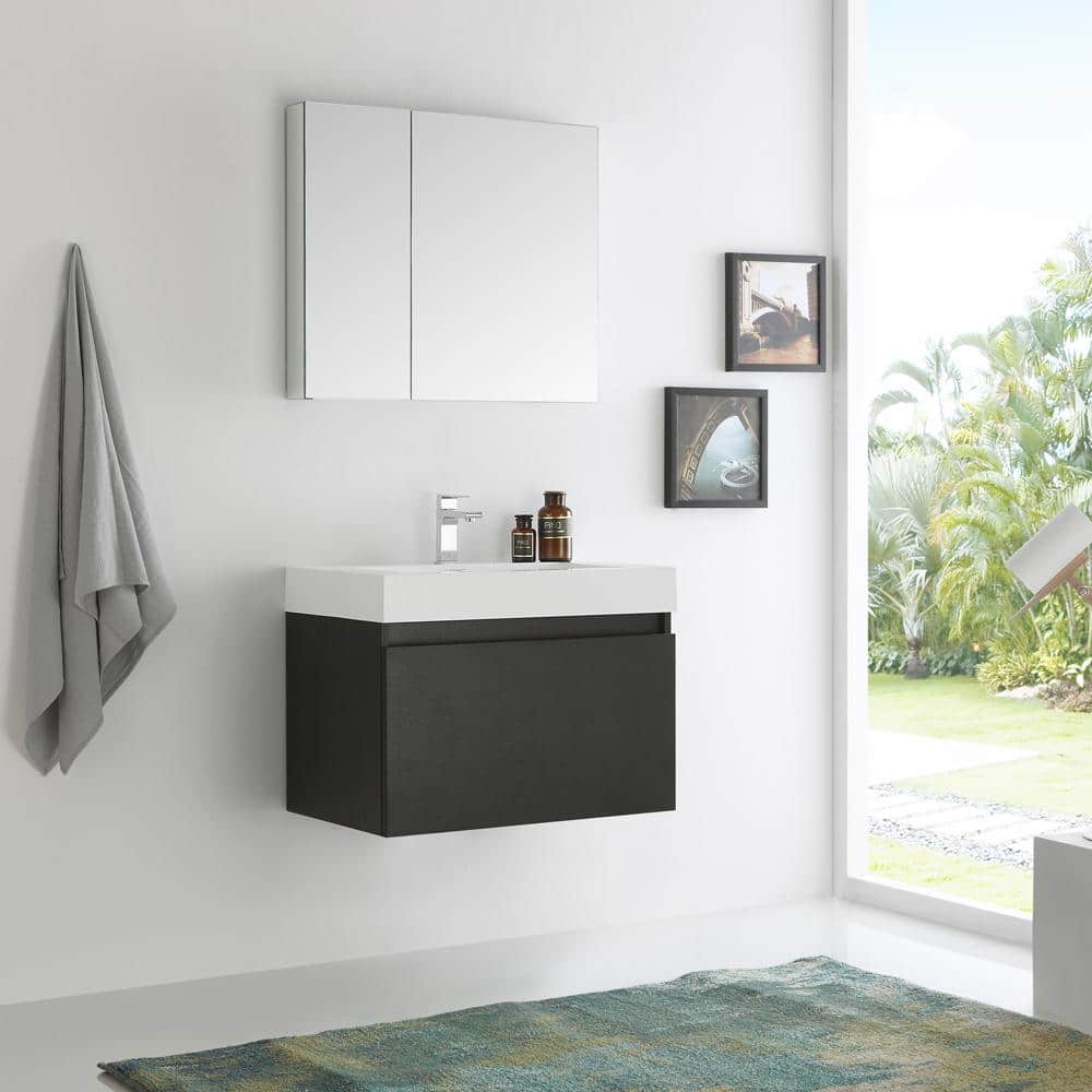 Black Engineered Wood Wall Mount Vanity Set with Acrylic Sink