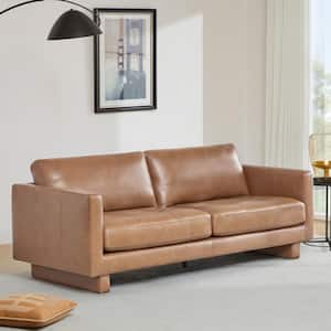 Zenobia 83.5" Mid-Century Modern Saddle Brown Top Grain Genuine Leather Sofa with Solid Wood Frame