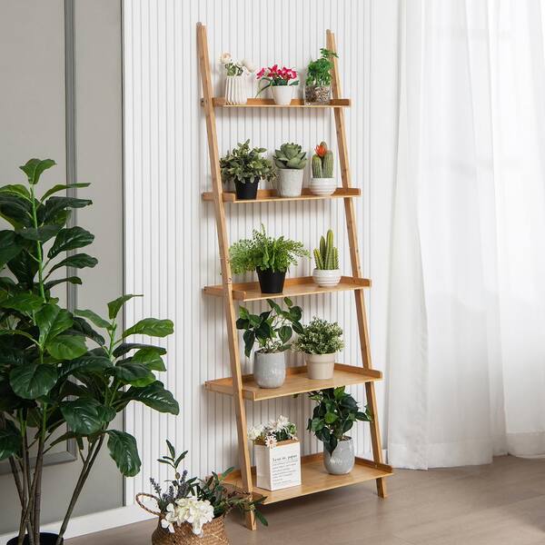 Wall Corner Bookcase Tall Bookshelf Storage Organizer 5 Tiers Corner Shelf Stand Wood Display Storage Rack Home Furniture Natural Wood Ladder Shelf Un