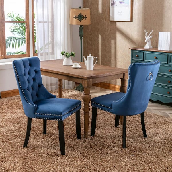 Modern High-End Blue Tufted Solid Wood Velvet Upholstered Dining Chair with Wood Legs Nailhead Trim Set of 2