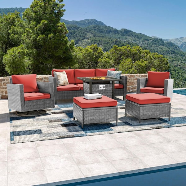 6-Piecess Patio Conversation Set with 28 in. Fire Pit Table and Swivel Rocking Chairs, Gray Wicker Rust Red Cushion
