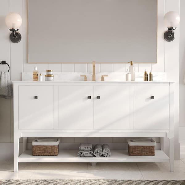 60 in. Single Sink Freestanding White Wood Bath Vanity with White Engineered Marble Top (Assembled)