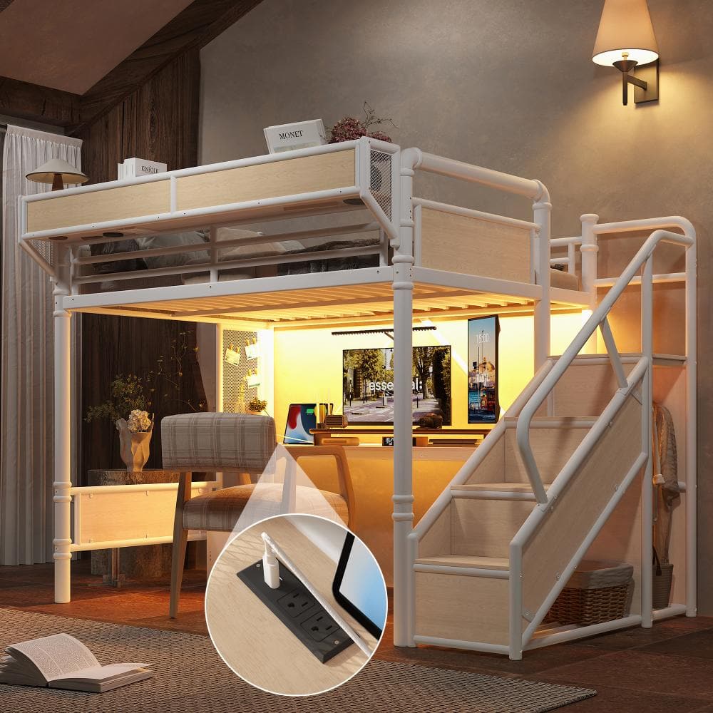 White Full Size Metal Loft Bed with Desk, Power Outlet, LED Strip and Wardrobe price history on PriceWatchPro