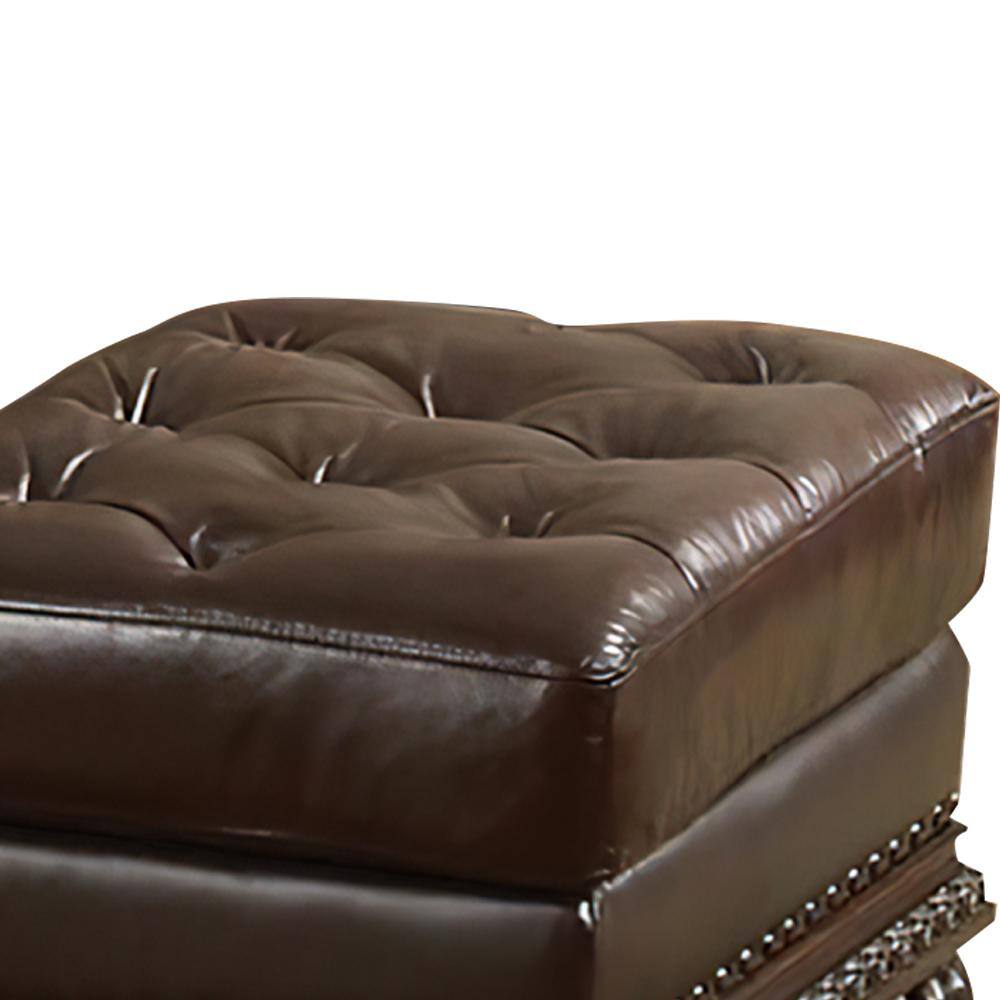 Espresso Brown Faux Leather Tufted Ottoman with Nailhead Trim