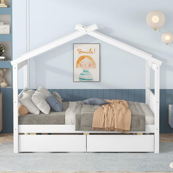 Harper & Bright Designs White Full Size Wood House Bed, Kids Bed with 2 Drawers