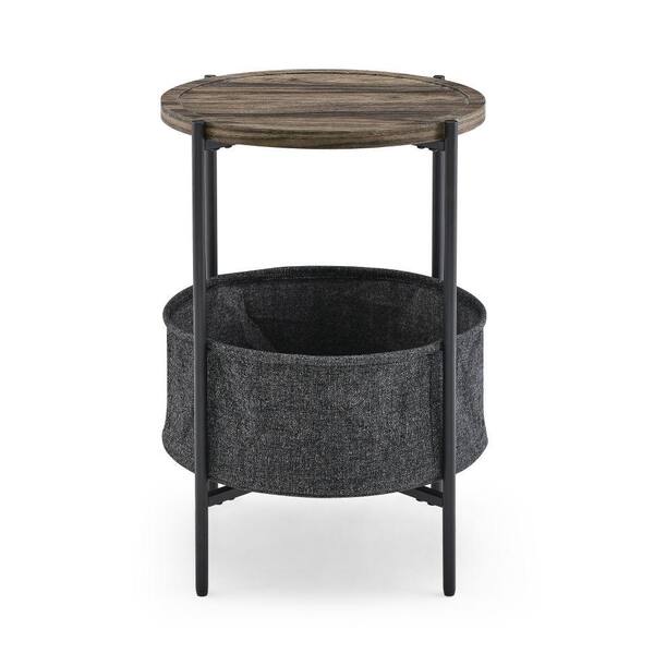 Basics Round Storage End Table, Side Table with Cloth Basket,  Charcoal/Heather Gray, 17.7 x 17.7 x 18.9 in