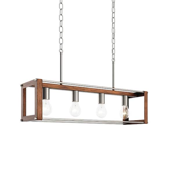 KICHLER Chatwin 30.6 in. 4-Light Brushed Nickel with Auburn Stained Farmhouse Island Linear Chandelier for Kitchen