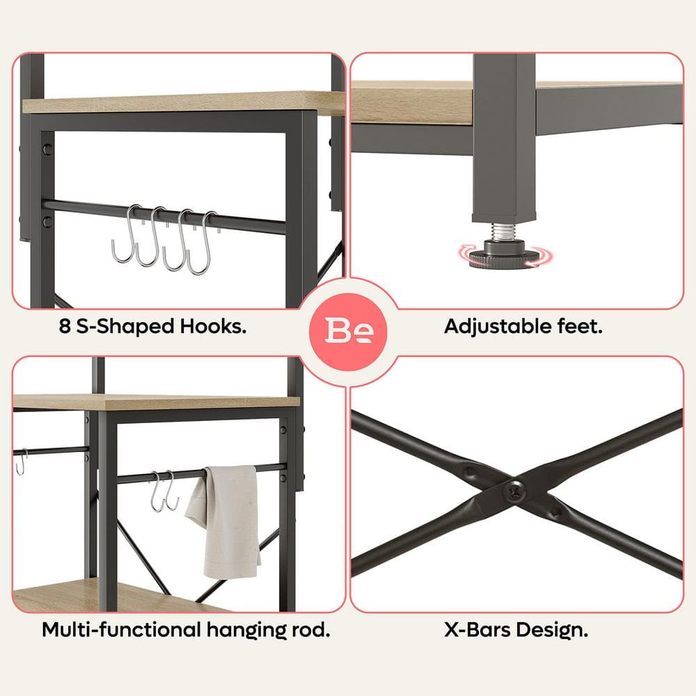 Light Oak Adjustable 5-Tier Kitchen Rack with Hooks