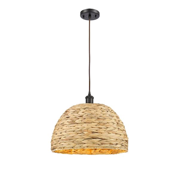 Woven Rattan 100-Watt 1-Light Oiled Brass Shaded Mini Pendant Light with Rattan Shade