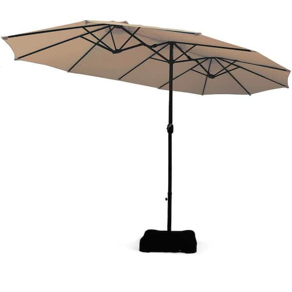 WELLFOR 15 ft. Steel Market Patio Umbrella with Crank and Stand in Beige