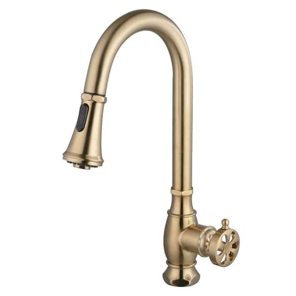 Belknap 1-Handle Deck Mount Pull-Down Sprayer Kitchen Faucet in Brushed Brass
