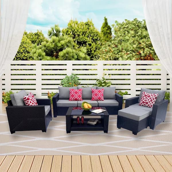 Zeus & Ruta 7-Piece Black Wicker Outdoor Patio Conversation Sectional with Gray Cushions, Coffee Table and Ottoman