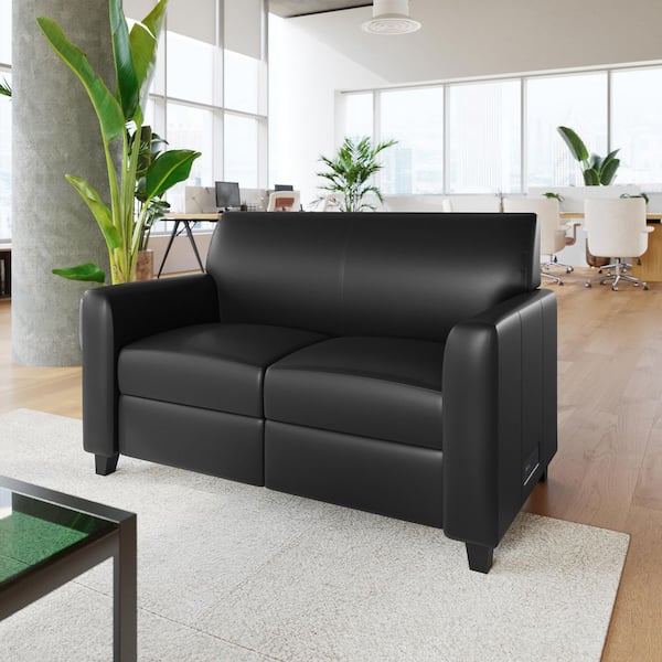 Agent 52.5 in Faux Leather 2-Seat Loveseat in Black w/ Charging Bank, 2-Outlets, USB Ports, USB-C Port, Solid Wood Legs