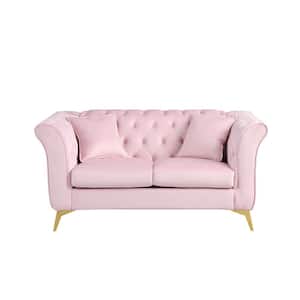 Modern 64 in W Flared Arm Velvet 2-Seat Rectangle Chesterfield Sofa Couch Tufted Button Loveseat with Pillows in Pink