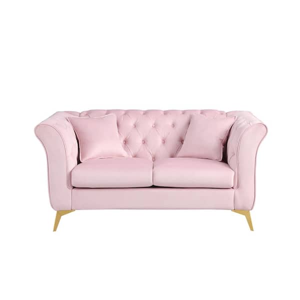Unbranded Modern 64 in W Flared Arm Velvet 2-Seat Rectangle Chesterfield Sofa Couch Tufted Button Loveseat with Pillows in Pink
