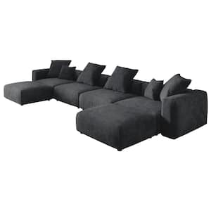 181 in. W Square Arm Corduroy Velvet U-Shaped Free Combination Sofa with Ottoman in Black