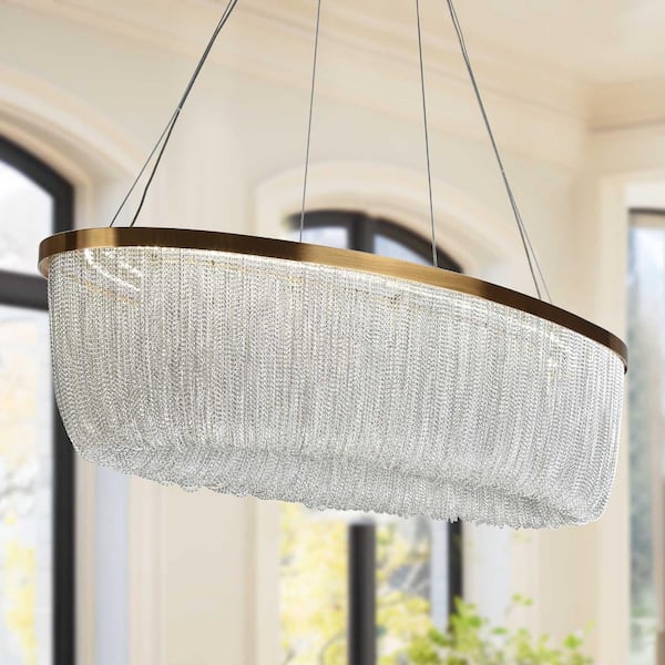 Shoebill 1-Light Integrated LED Plating Brass Oval Chandelier with Silver Metal Chain Tassel Accents for Dining Room