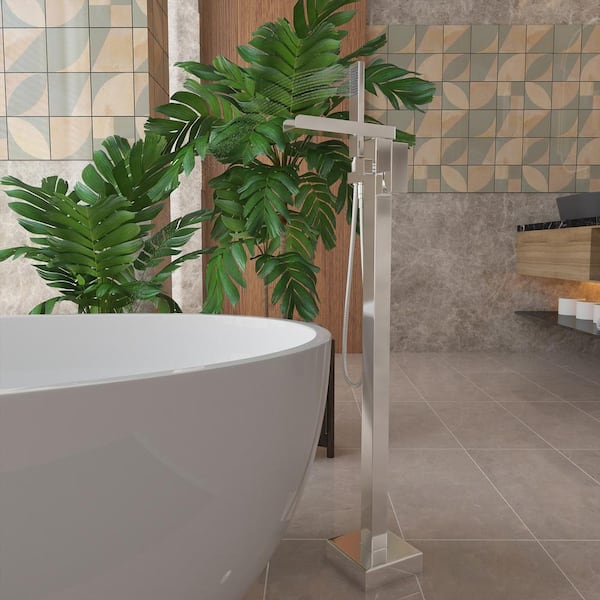 CASAINC Single Handle Freestanding Waterfall Bathtub Faucet with Handheld Shower in Brushed Nickel