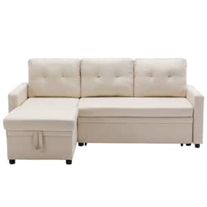 82.3 in. W Linen L-Shape Reversible Sleeper Sectional Sofa Pull Out Convertible Sofa in Beige with Storage