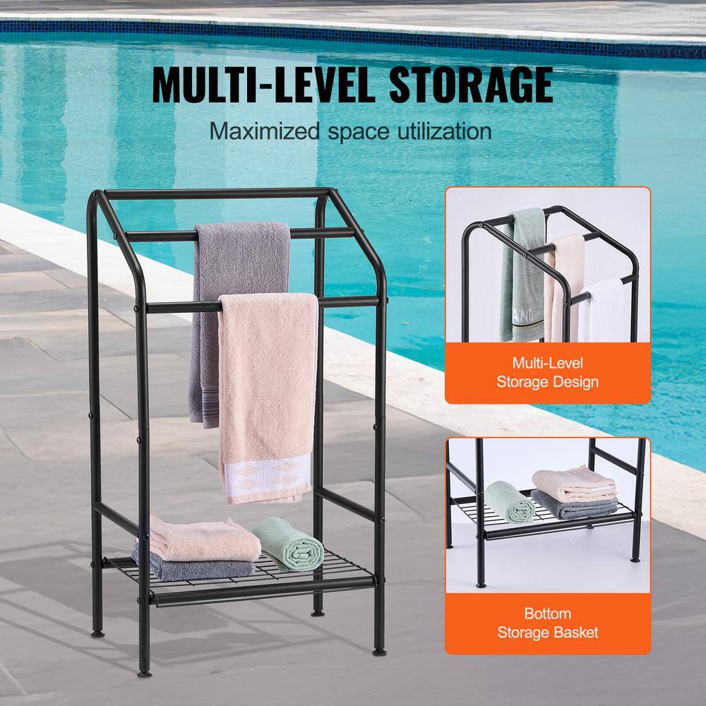 Black Metal Freestanding Triple Towel Rack with Shelf
