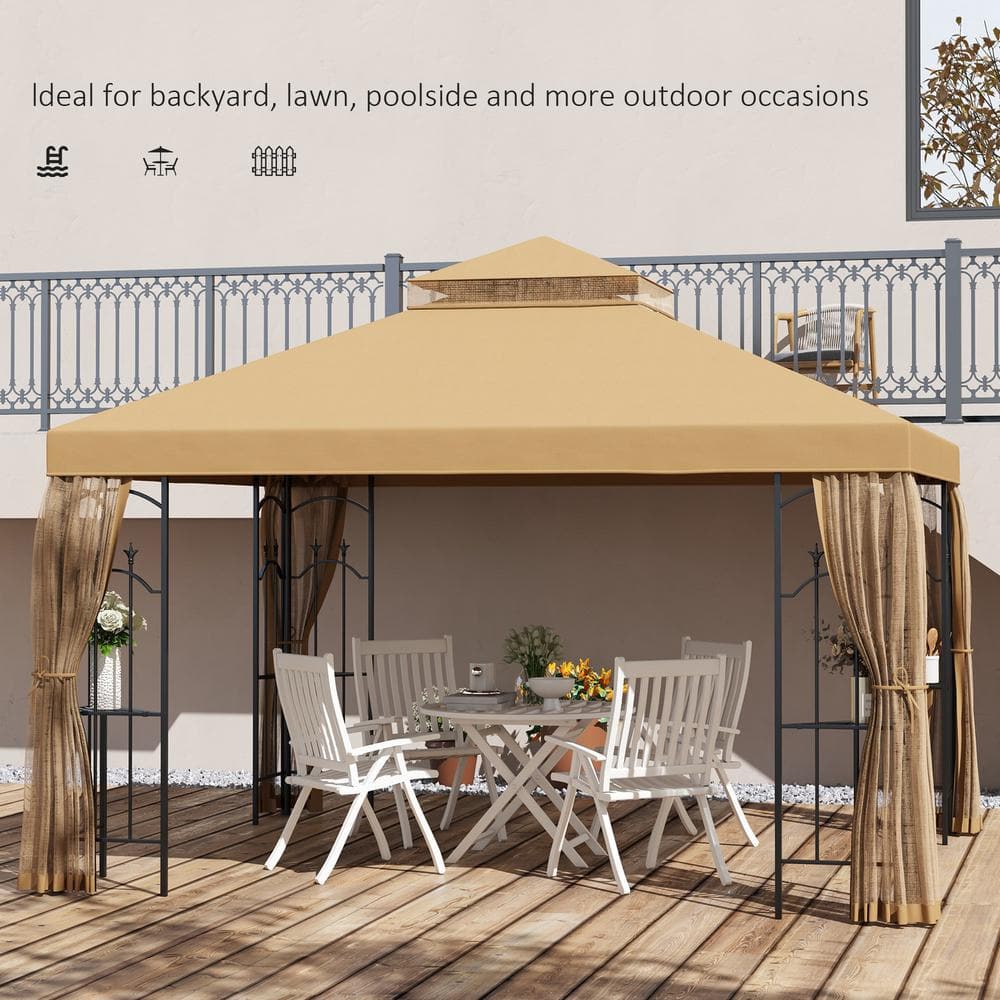 Outsunny Brown Steel Outdoor Patio Gazebo with Mesh Curtains and Shelves
