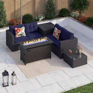 Black Rattan Wicker 4 Seat 5-Piece Steel Outdoor Fire Pit Patio Set with Blue Cushions and Rectangular Fire Pit Table