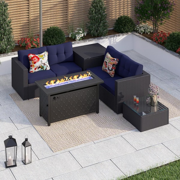 PHI VILLA Black Rattan Wicker 4 Seat 5-Piece Steel Outdoor Fire Pit Patio Set with Blue Cushions and Rectangular Fire Pit Table