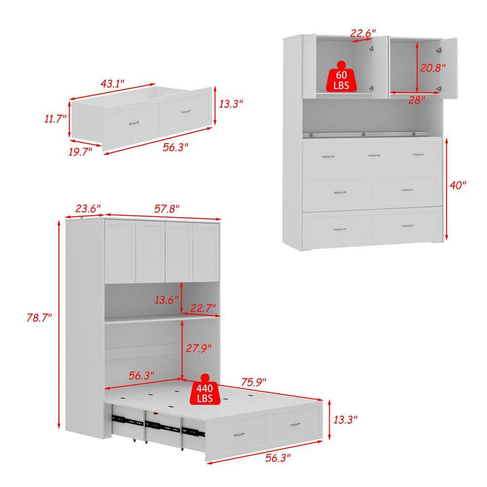 White Wood Frame Full Size Platform Bed, Murphy Bed with 3-Large Storage Shelves, Bed and Bookcase 2 in 1 - thumbnail 7
