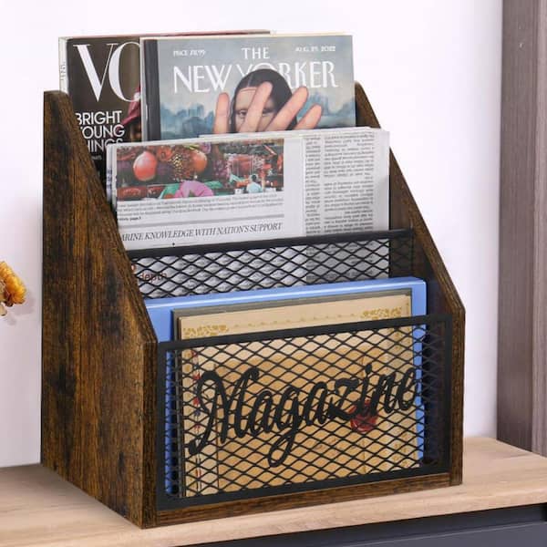 Wooden 3-Tier Stepped Magazine Rack Floor Organizer, Brown
