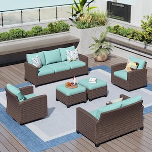 Brown Rattan Wicker 9 Seat 6-Piece Steel Outdoor Patio Conversation Set with Blue Cushions,2 Swivel Chairs,2 Ottomans